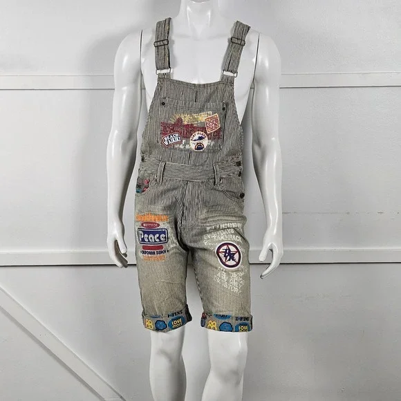 Clone Devgru Design Vintage Mens M Hickory Stripe Graphic Patch Short Overalls - Picture 1 of 8